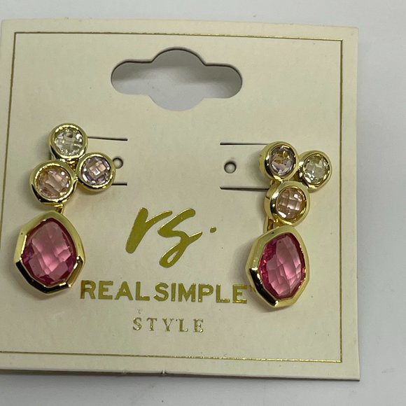 Real Simple Style Talia Necklace Bracelet & Earrings Gold w/Pink & Clear 3 items - Picture 3 of 12